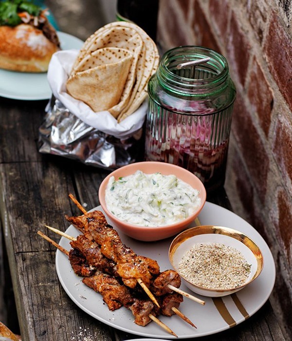 Kebabs with zucchini tzatziki and za'atar