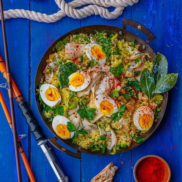Kedgeree with leeks, wilted spinach, herbs and creme fraiche