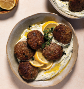 Keftedes with herby zingy chèvre dip