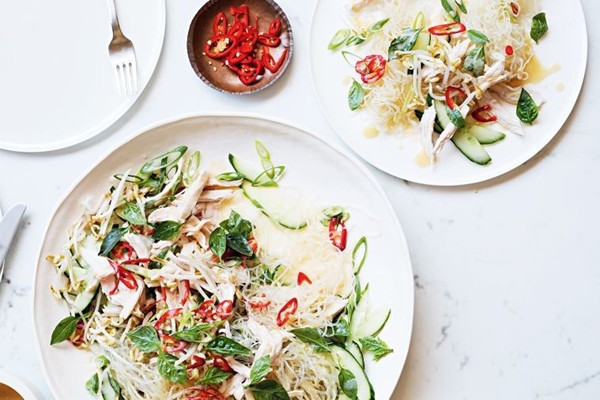 Kelp noodles with poached chicken and miso dressing