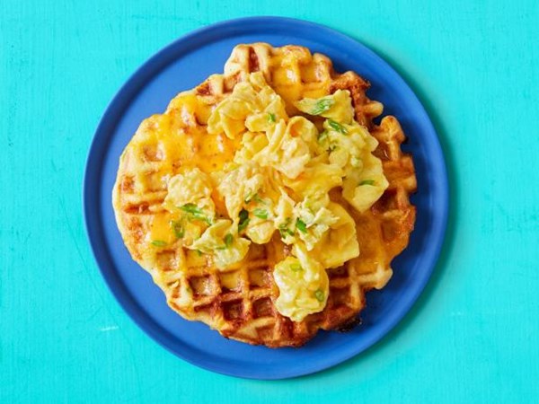 Kelsey Nixon's cornbread-cheddar waffles with scrambled eggs
