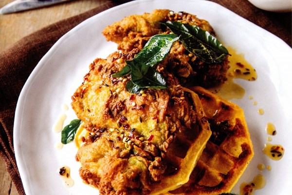 Kerala fried chicken and Low Country rice waffles with spicy syrup