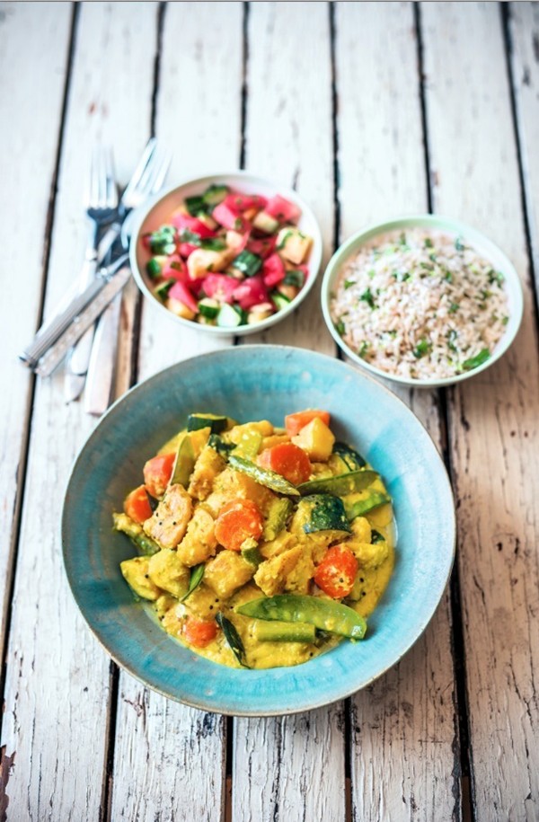 Keralan coconut & vegetable curry with pineapple & watermelon salad