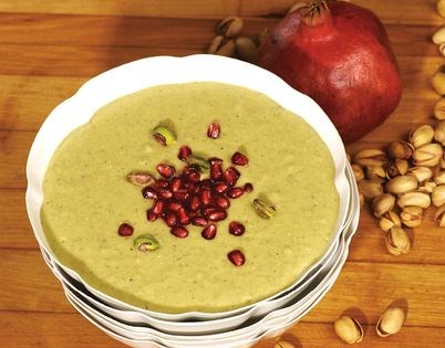 Kermani pistachio soup with pomegranate seeds