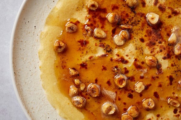 Khorasan pancakes with maple and hazelnuts