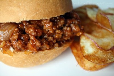 Kicked up sloppy Joes with red potato chips