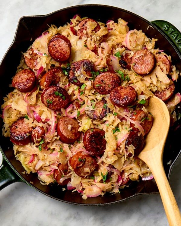 Kielbasa and sauerkraut skillet