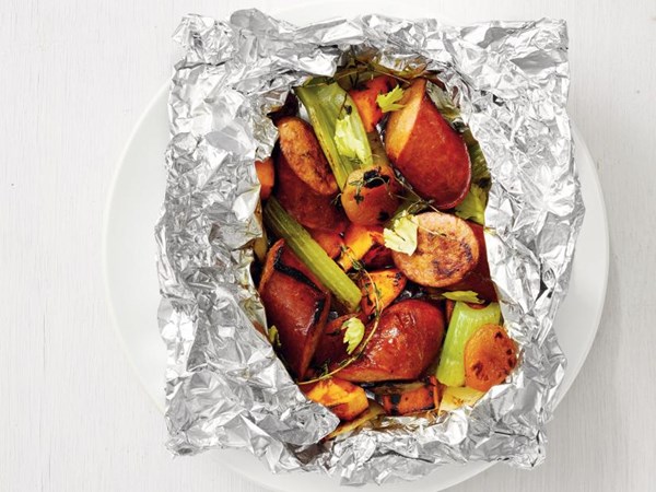 Kielbasa-sweet potato foil packets