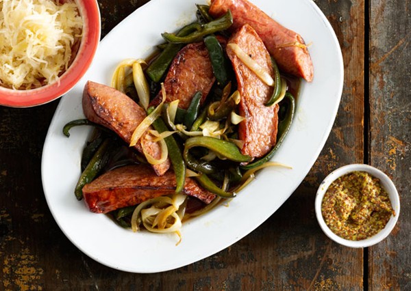 Kielbasa with onions and poblanos