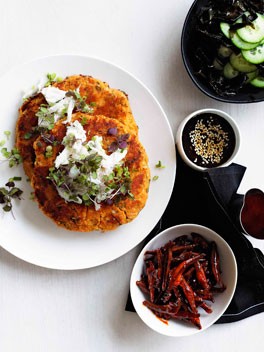 Kimchi and crab pancake with banchan