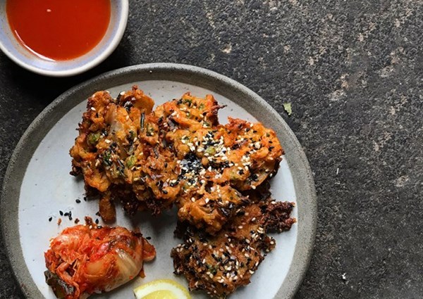 Kimchi and Gruyere rice fritters