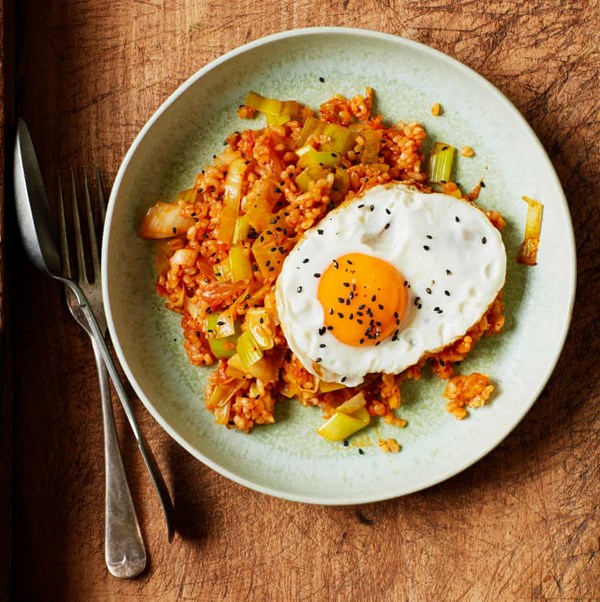 Kimchi and leek fried brown rice with crispy egg