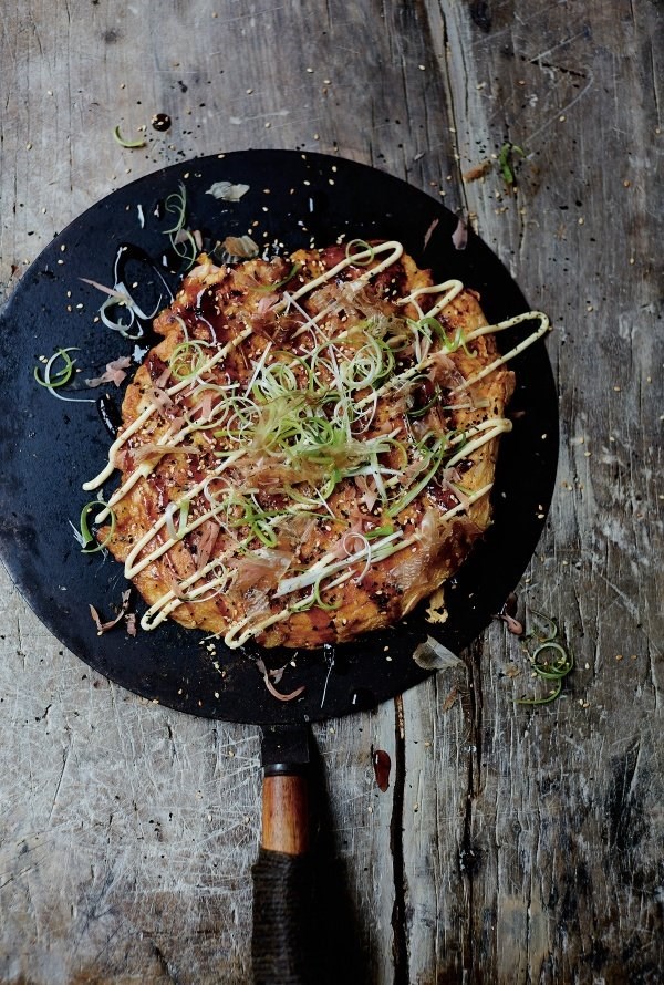 Kimchi and prawn okonomiyaki