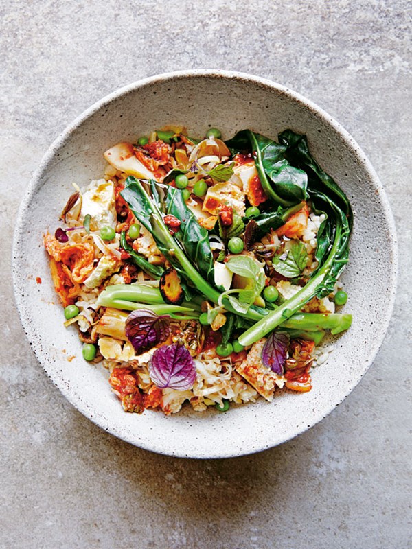 Kimchi and tofu fried brown rice