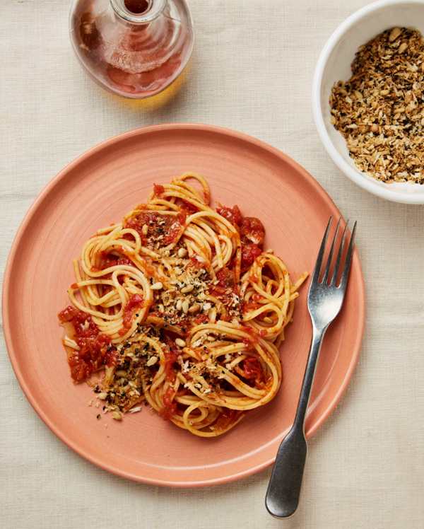 Kimchi and tomato spaghetti
