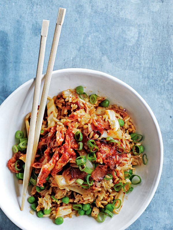 Kimchi, bacon and pea fried rice