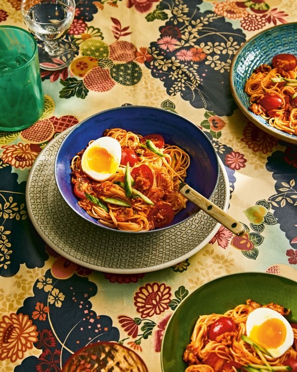 Kimchi bibimguksu with grape tomatoes