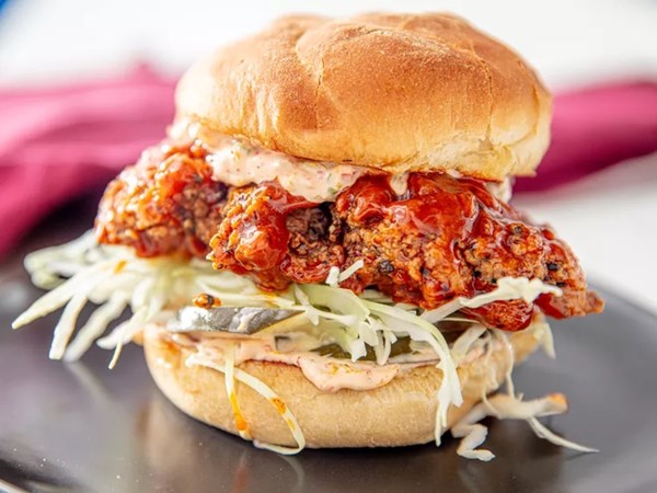 Kimchi-brined fried chicken sandwich 