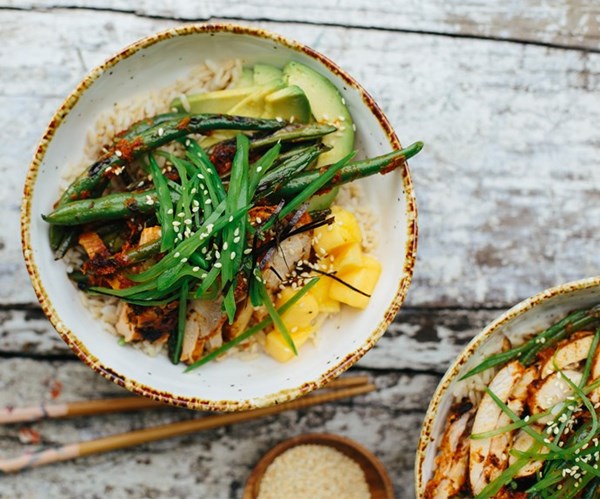 Kimchi chicken & green bean sushi bowls