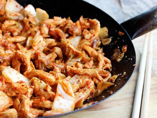 Kimchi chicken and cabbage stir-fry