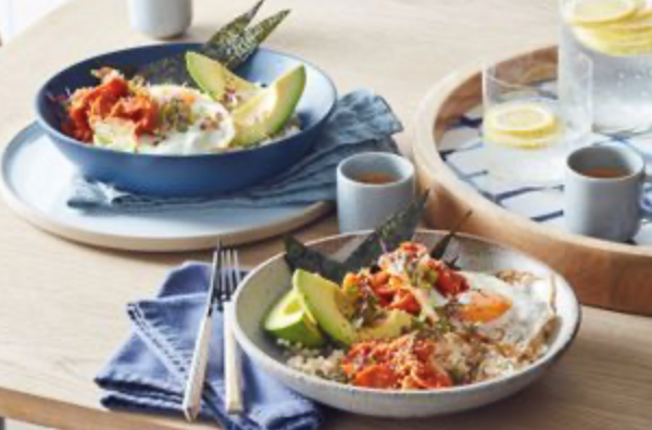 Kimchi, fried egg and brown rice brekkie bowl