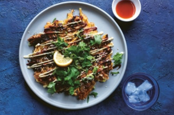 Kimchi fritters with Kewpie mayo and barbecue sauce