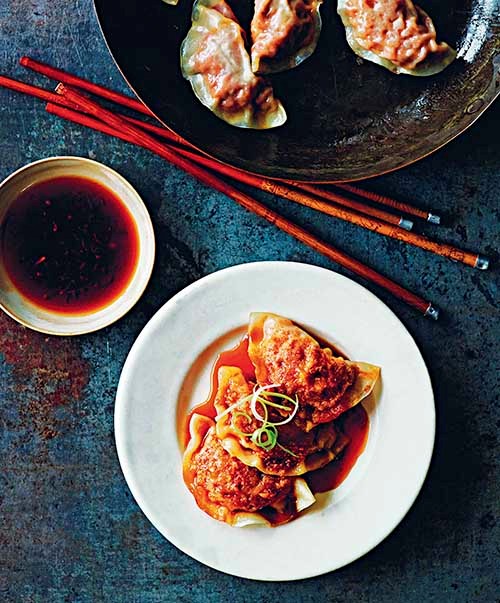 Kimchi noodle dumplings with dipping sauce