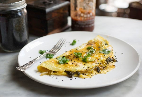 Kimchi omelet with sriracha syrup