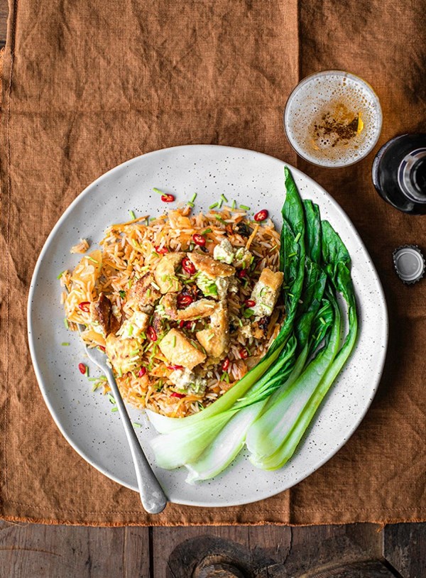 Kimchi rice with honey miso torn tofu