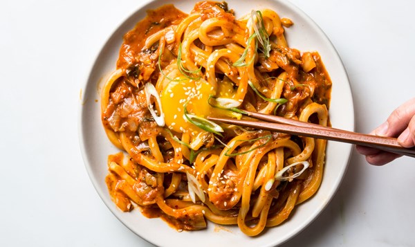 Kimchi udon with scallions