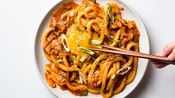 Kimchi udon with scallions