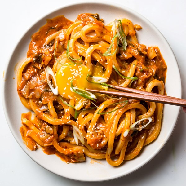 Kimchi udon with scallions