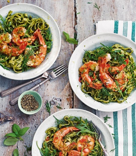 King prawn and herb-and-almond pesto pasta