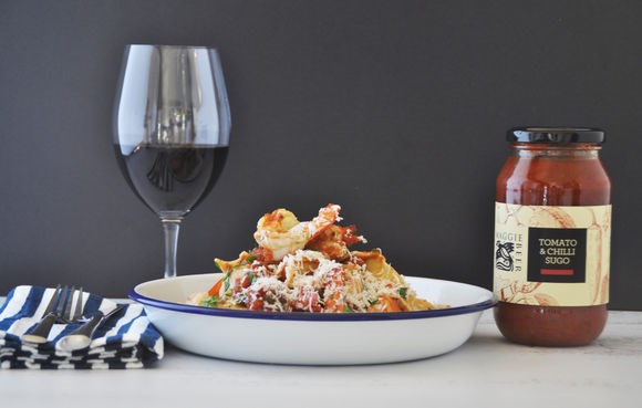 King prawn pappardelle with tomato and chilli sugo