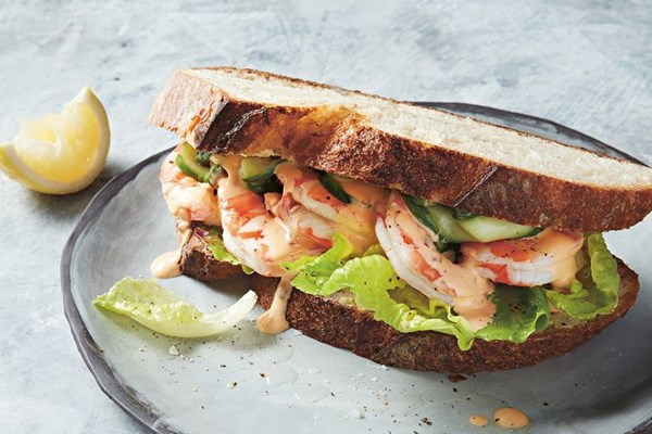 King prawn, pickled cucumber and spicy rose mayonnaise sandwich