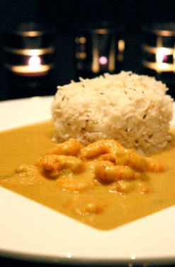 King prawns in a sweet coconut curry (Chingri malai curry)