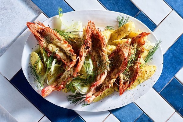 King prawns, potato, fennel and caper butter