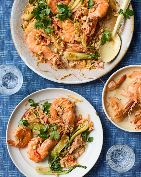 King prawns with rhubarb and ginger sambol