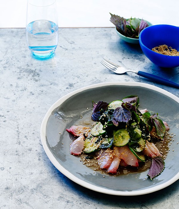 Kingfish and cucumber with soy ginger dressing