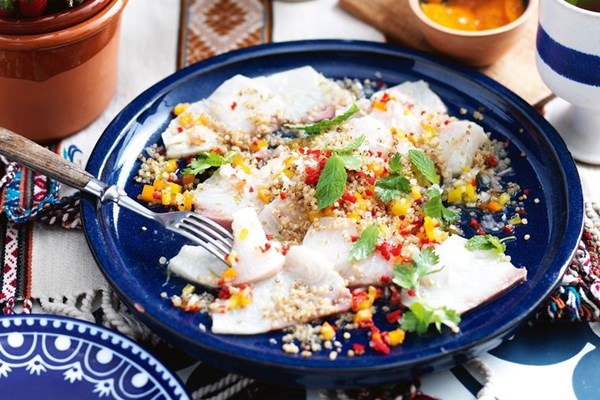 Kingfish ceviche with mint & quinoa tea