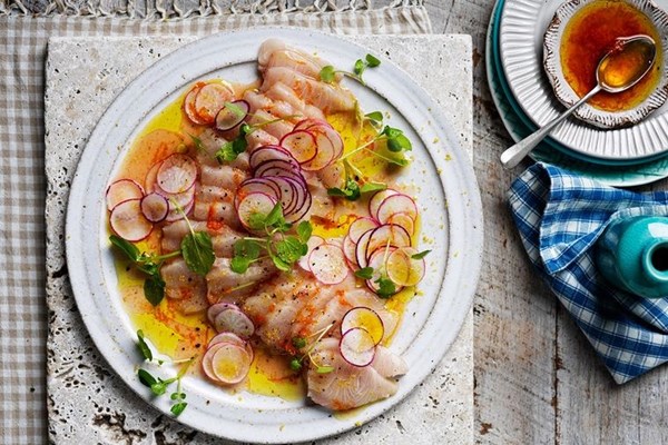Kingfish, radish, watercress, Campari & orange dressing