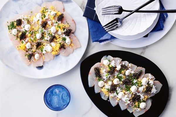 Kingfish sashimi with caviar and crème fraîche 