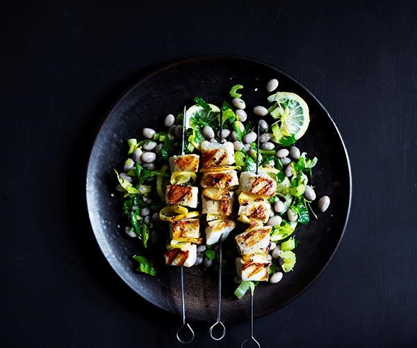 Kingfish skewers with borlotti bean and celery heart salad