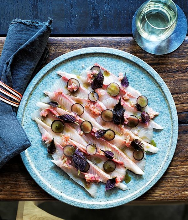 Kingfish with crème fraîche, yuzukosho, shiso and finger lime