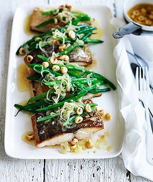 Kingfish with hazelnuts, beans and brown butter