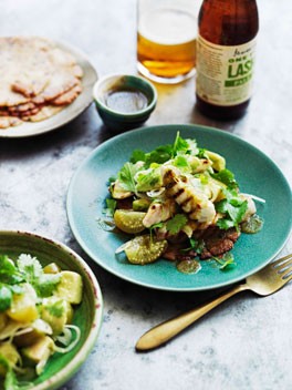 Kingfish with pique boricua and coriander arepas
