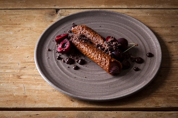 Kirsch brandy snaps with cherry mascarpone and chocolate