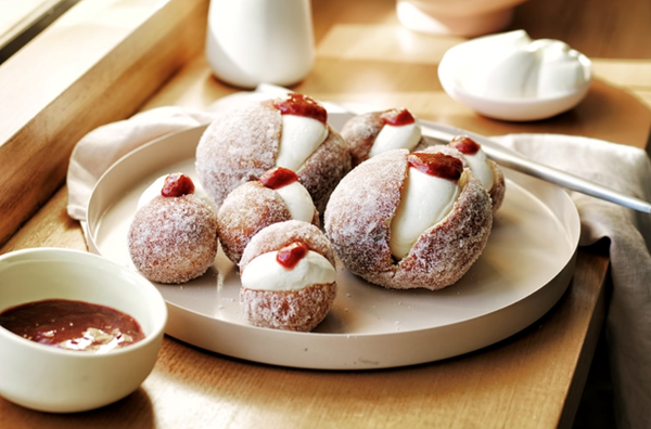 Kitchener buns with jam and cream