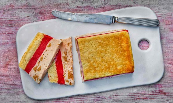 Kitty Travers’s raspberry and peach nougat ice-cream cake with buttermilk sponge 
