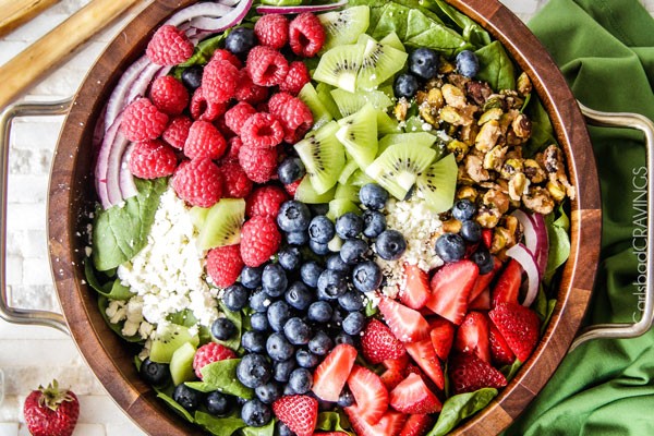 Kiwi berry salad with raspberry poppy seed dressing